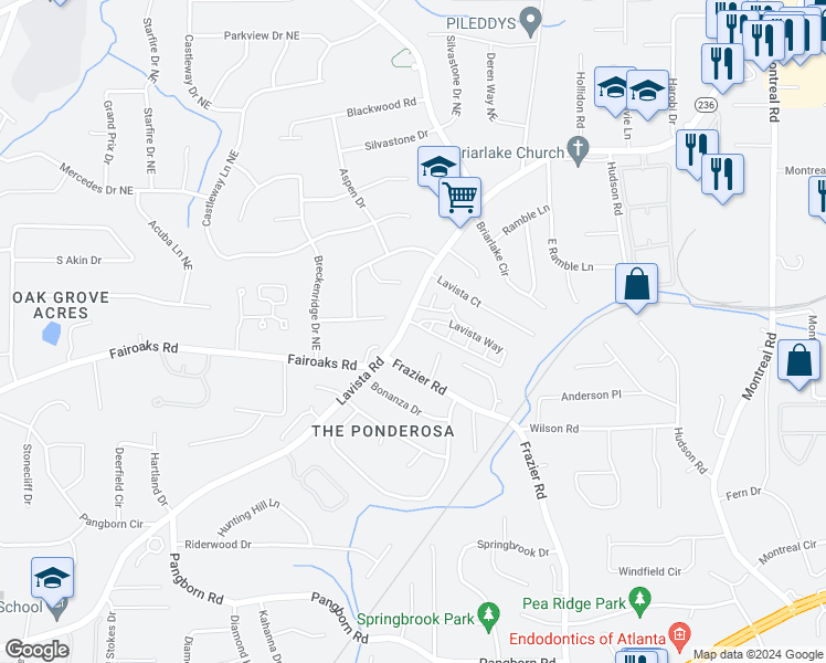 map of restaurants, bars, coffee shops, grocery stores, and more near 2866 Glade Springs Drive Northeast in Atlanta