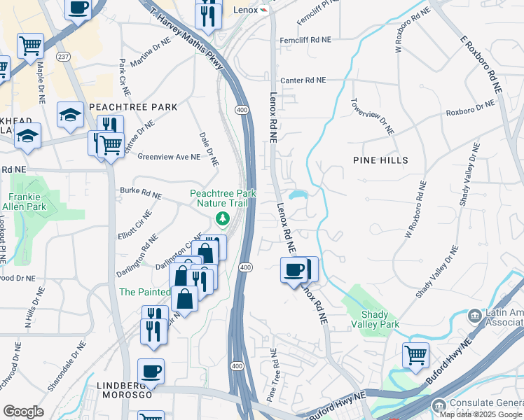 map of restaurants, bars, coffee shops, grocery stores, and more near 852 Embassy Court Northeast in Atlanta