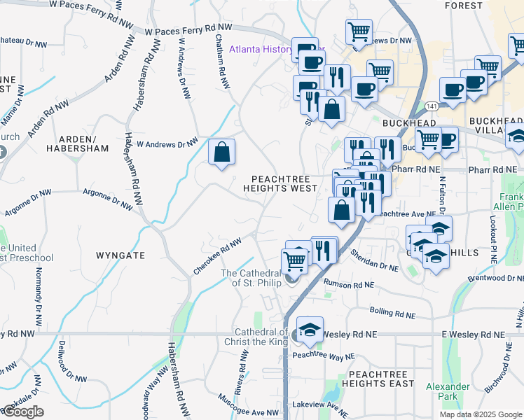 map of restaurants, bars, coffee shops, grocery stores, and more near 2959 Andrews Drive Northwest in Atlanta