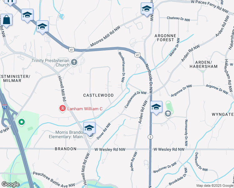map of restaurants, bars, coffee shops, grocery stores, and more near 2858 Mornington Drive Northwest in Atlanta