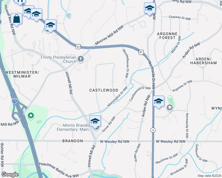map of restaurants, bars, coffee shops, grocery stores, and more near 2928 Rockingham Drive Northwest in Atlanta