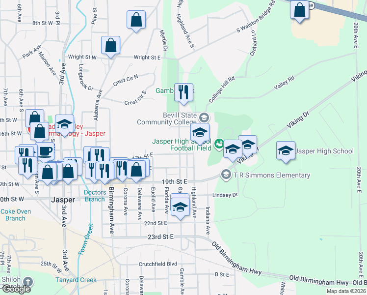 map of restaurants, bars, coffee shops, grocery stores, and more near 1601 Gamble Avenue in Jasper