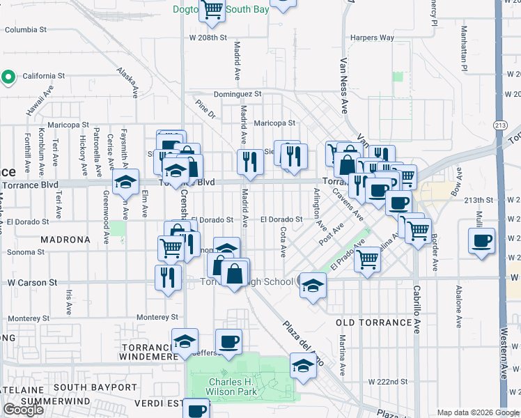 map of restaurants, bars, coffee shops, grocery stores, and more near 1226 Madrid Avenue in Torrance