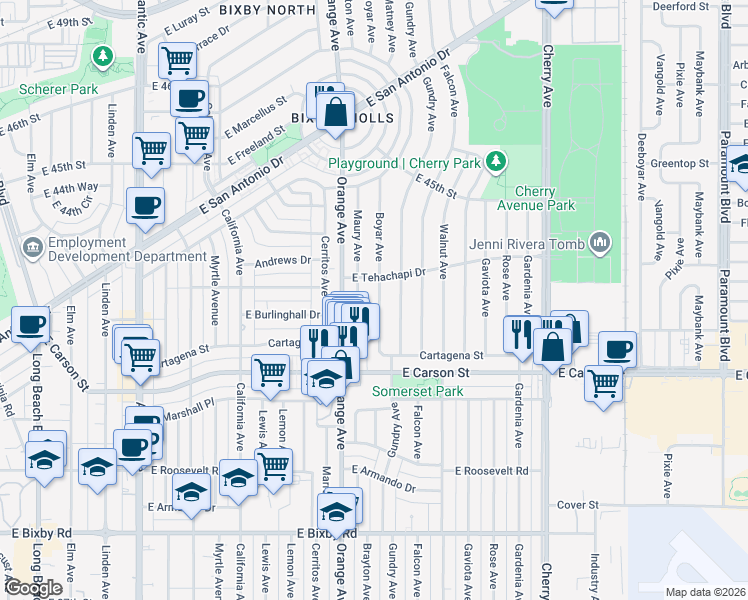 map of restaurants, bars, coffee shops, grocery stores, and more near 4248 Boyar Avenue in Long Beach