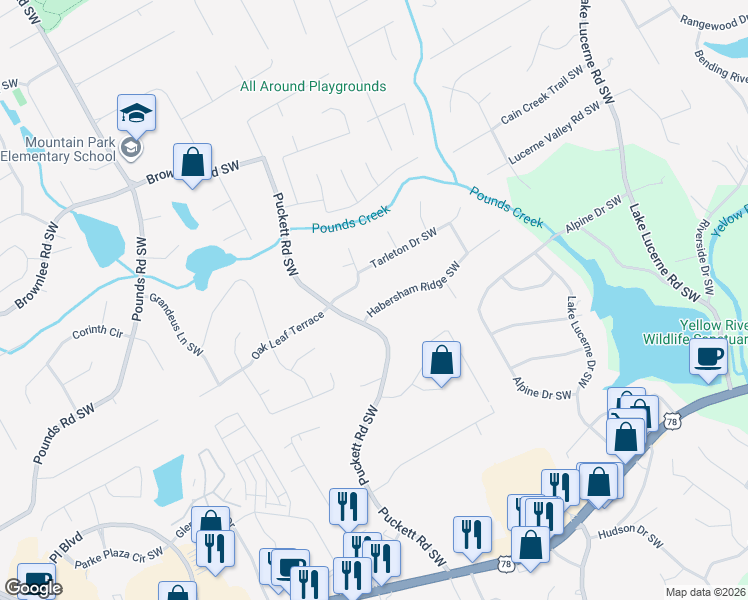 map of restaurants, bars, coffee shops, grocery stores, and more near 4918 Tarleton Drive Southwest in Lilburn