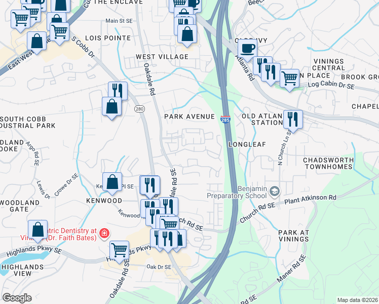 map of restaurants, bars, coffee shops, grocery stores, and more near 4911 South Cobb Drive in Smyrna