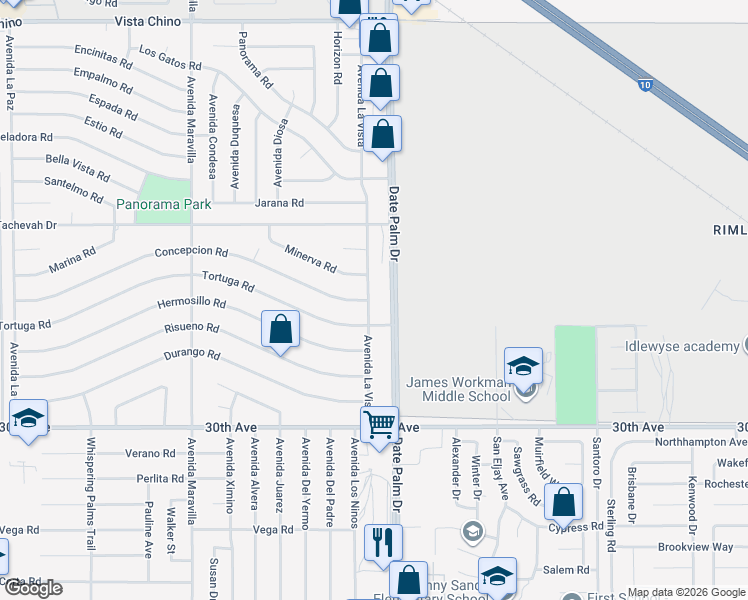 map of restaurants, bars, coffee shops, grocery stores, and more near 29360 Avenida La Vista in Cathedral City