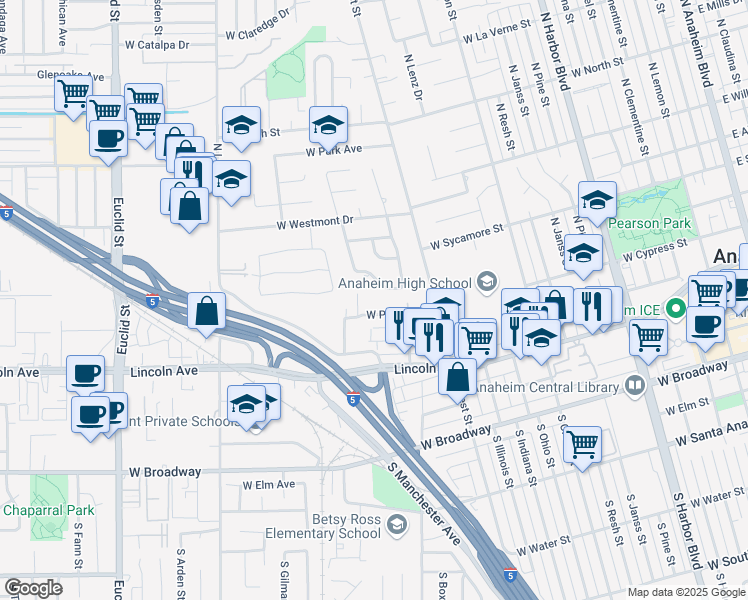 map of restaurants, bars, coffee shops, grocery stores, and more near 1235 West Pearl Street in Anaheim