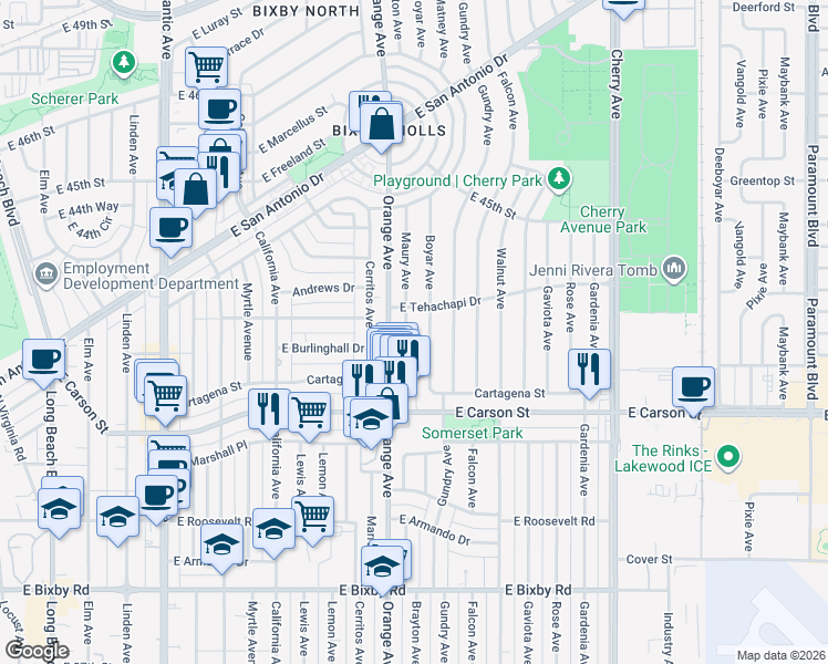 map of restaurants, bars, coffee shops, grocery stores, and more near 4247 Maury Avenue in Long Beach