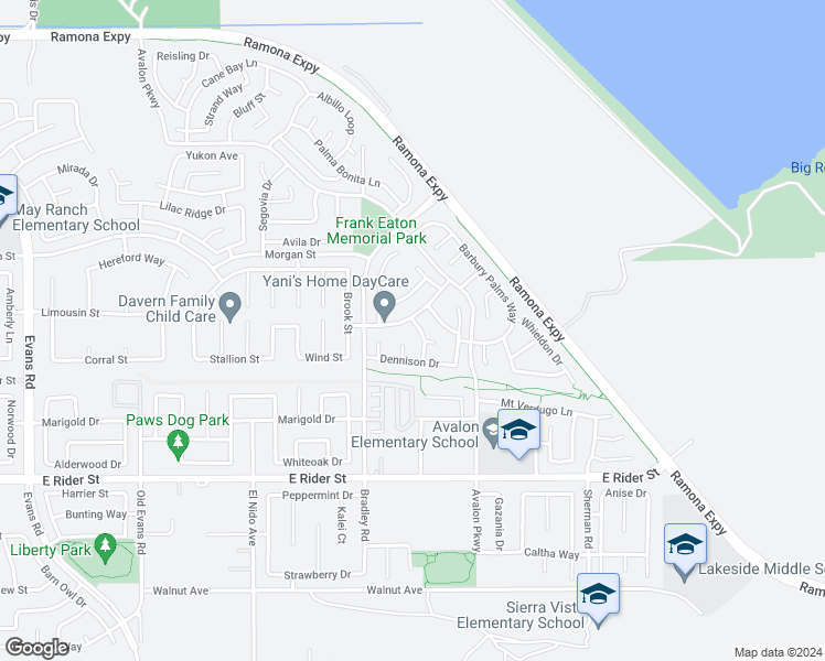 map of restaurants, bars, coffee shops, grocery stores, and more near 3580 Landrew Road in Perris