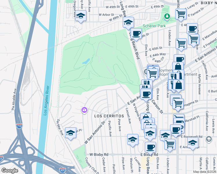 map of restaurants, bars, coffee shops, grocery stores, and more near 4275 North Country Club Drive in Long Beach
