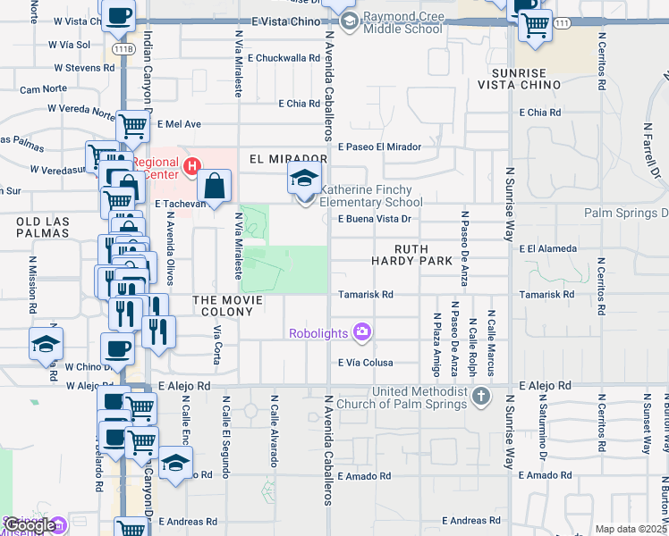 map of restaurants, bars, coffee shops, grocery stores, and more near 1011 East El Alameda in Palm Springs