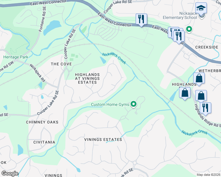 map of restaurants, bars, coffee shops, grocery stores, and more near 776 Vinings Estates Drive Southeast in Mableton