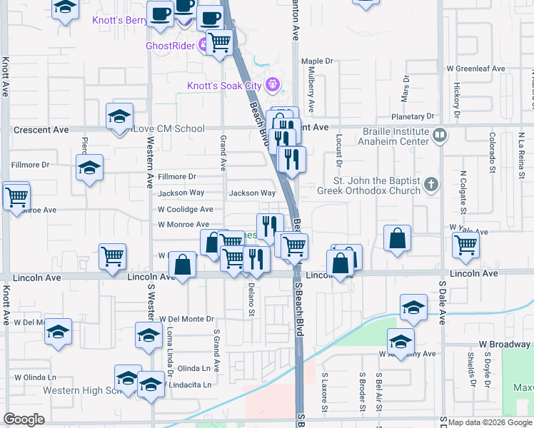 map of restaurants, bars, coffee shops, grocery stores, and more near 385 Santa Maria Street in Anaheim