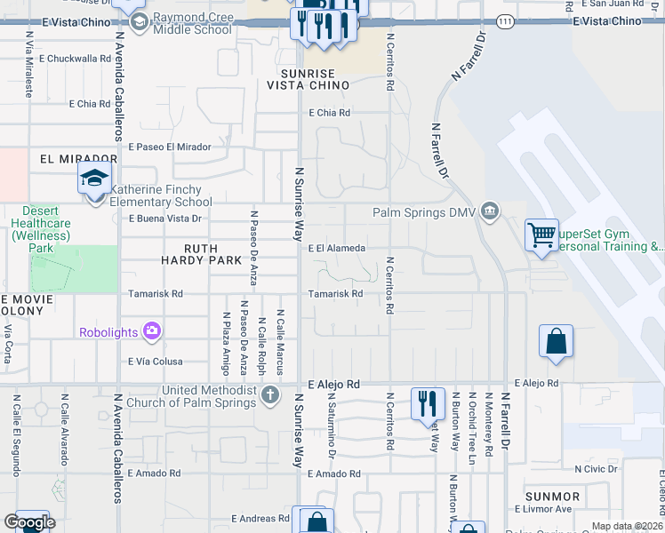 map of restaurants, bars, coffee shops, grocery stores, and more near 857 North Calle De Mimosas in Palm Springs