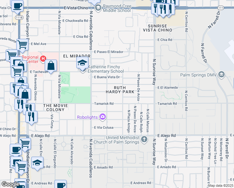 map of restaurants, bars, coffee shops, grocery stores, and more near 1165 East El Alameda in Palm Springs