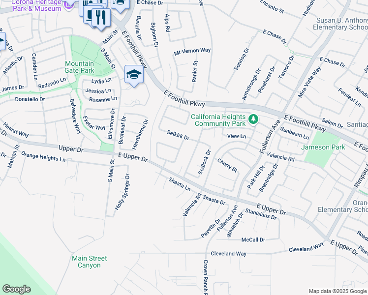 map of restaurants, bars, coffee shops, grocery stores, and more near 3571 Albridge Drive in Corona