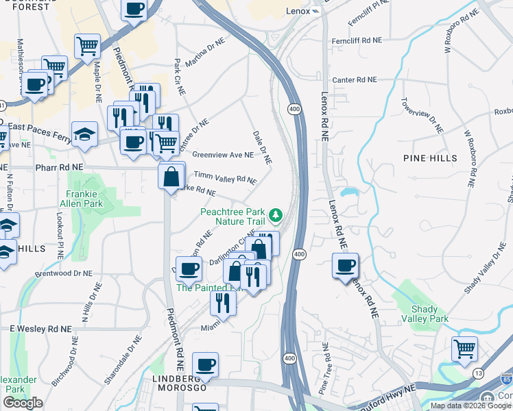 map of restaurants, bars, coffee shops, grocery stores, and more near 2940 Dale Drive Northeast in Atlanta