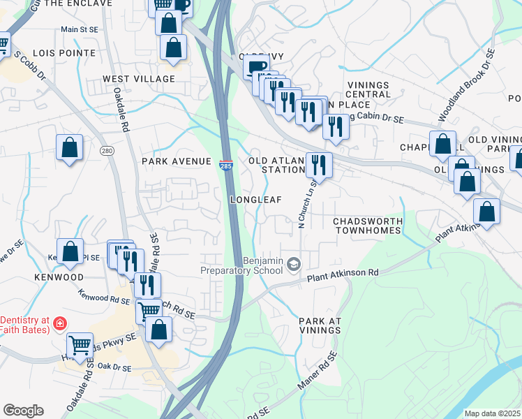 map of restaurants, bars, coffee shops, grocery stores, and more near 4910 Longcourt Trace in Atlanta