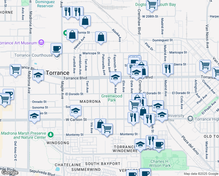 map of restaurants, bars, coffee shops, grocery stores, and more near 1239 Greenwood Avenue in Torrance