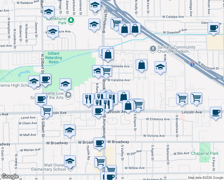 map of restaurants, bars, coffee shops, grocery stores, and more near 224 North Bircher Street in Anaheim