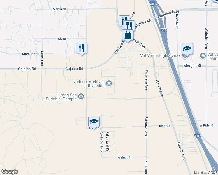 map of restaurants, bars, coffee shops, grocery stores, and more near 23123 Cajalco Road in Perris
