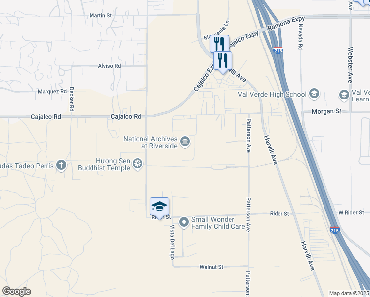 map of restaurants, bars, coffee shops, grocery stores, and more near 23123 Cajalco Road in Perris