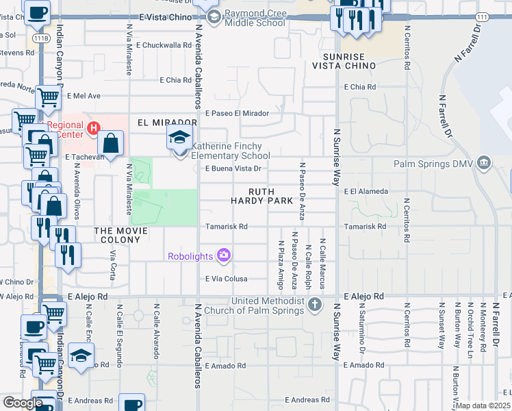 map of restaurants, bars, coffee shops, grocery stores, and more near 1165 East El Alameda in Palm Springs