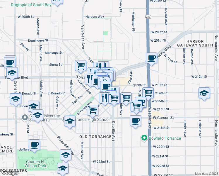 map of restaurants, bars, coffee shops, grocery stores, and more near 1281 Cabrillo Avenue in Torrance