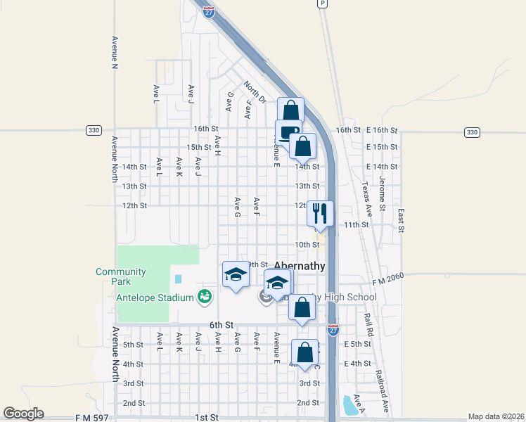 map of restaurants, bars, coffee shops, grocery stores, and more near 1200-1298 Ave F in Abernathy