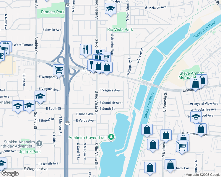 map of restaurants, bars, coffee shops, grocery stores, and more near 2832 East Puritan Place in Anaheim