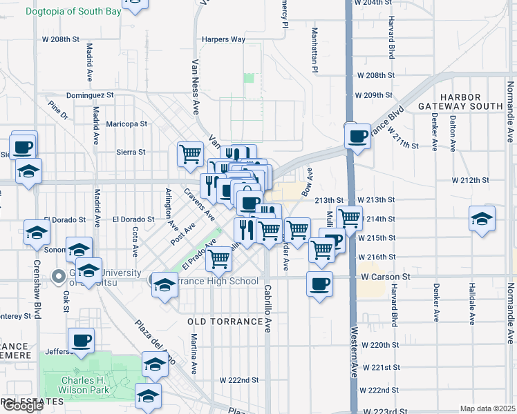 map of restaurants, bars, coffee shops, grocery stores, and more near 1281 Cabrillo Avenue in Torrance