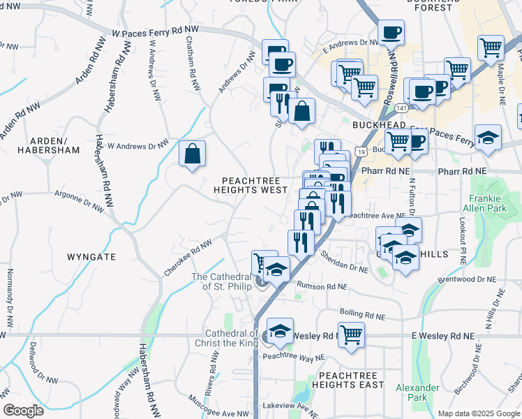 map of restaurants, bars, coffee shops, grocery stores, and more near 2900 Pharr Court South Northwest in Atlanta