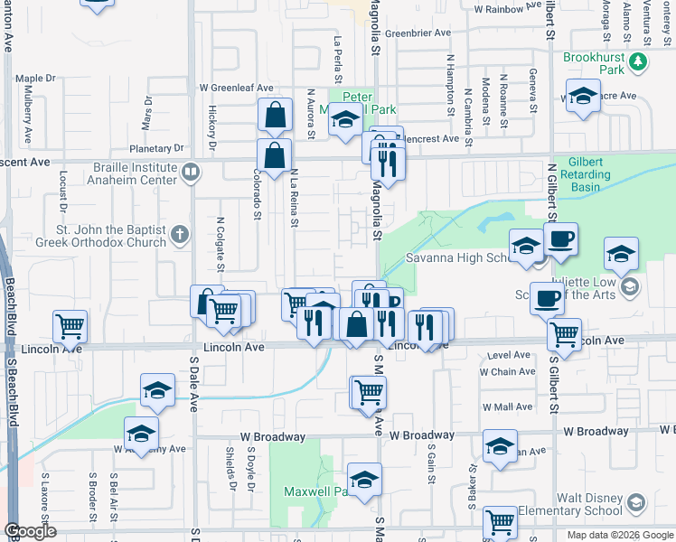 map of restaurants, bars, coffee shops, grocery stores, and more near 243 North Magnolia Street in Anaheim