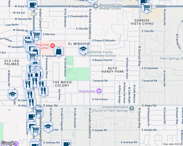 map of restaurants, bars, coffee shops, grocery stores, and more near 1011 East El Alameda in Palm Springs