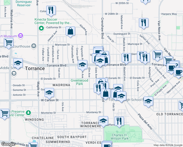 map of restaurants, bars, coffee shops, grocery stores, and more near 1308 Elm Avenue in Torrance