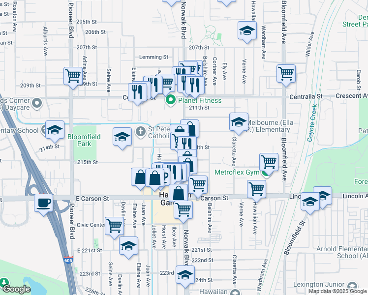 map of restaurants, bars, coffee shops, grocery stores, and more near in Hawaiian Gardens