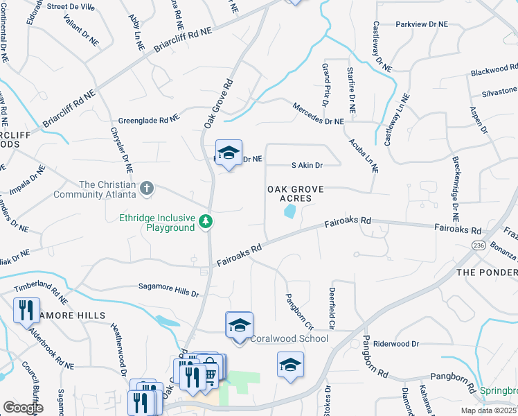 map of restaurants, bars, coffee shops, grocery stores, and more near 1802 North Akin Drive Northeast in Atlanta