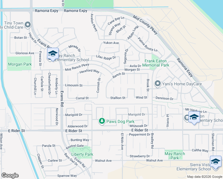 map of restaurants, bars, coffee shops, grocery stores, and more near 3470 Nature Trail Court in Perris