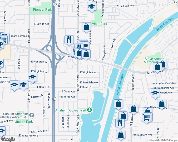 map of restaurants, bars, coffee shops, grocery stores, and more near 2832 East Puritan Place in Anaheim