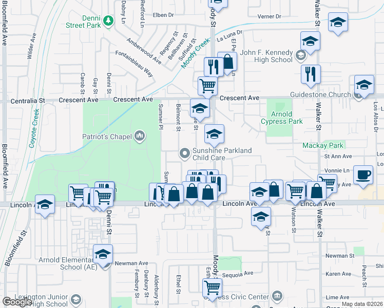 map of restaurants, bars, coffee shops, grocery stores, and more near 4911 Merten Avenue in Cypress