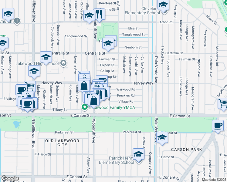 map of restaurants, bars, coffee shops, grocery stores, and more near 6012 Warwood Road in Lakewood