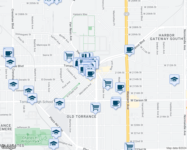 map of restaurants, bars, coffee shops, grocery stores, and more near 1261 Cabrillo Avenue in Torrance