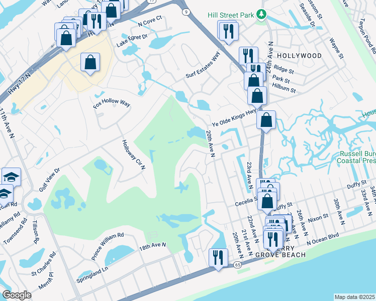 map of restaurants, bars, coffee shops, grocery stores, and more near 53B 20th Avenue North in North Myrtle Beach