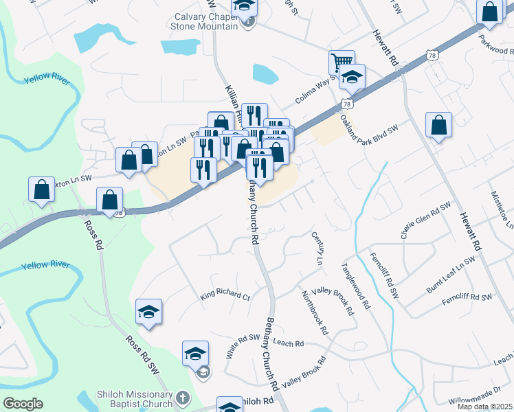 map of restaurants, bars, coffee shops, grocery stores, and more near 2226 Bethany Church Road in Snellville