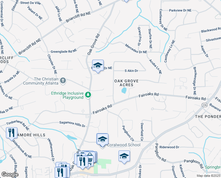 map of restaurants, bars, coffee shops, grocery stores, and more near 1802 North Akin Drive Northeast in Atlanta