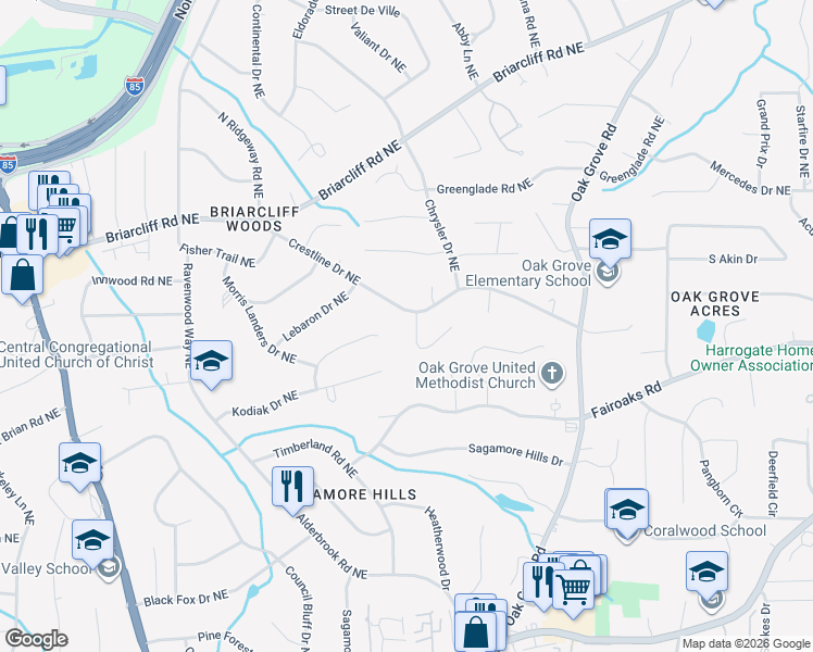 map of restaurants, bars, coffee shops, grocery stores, and more near 1802 Crestline Court Northeast in Atlanta