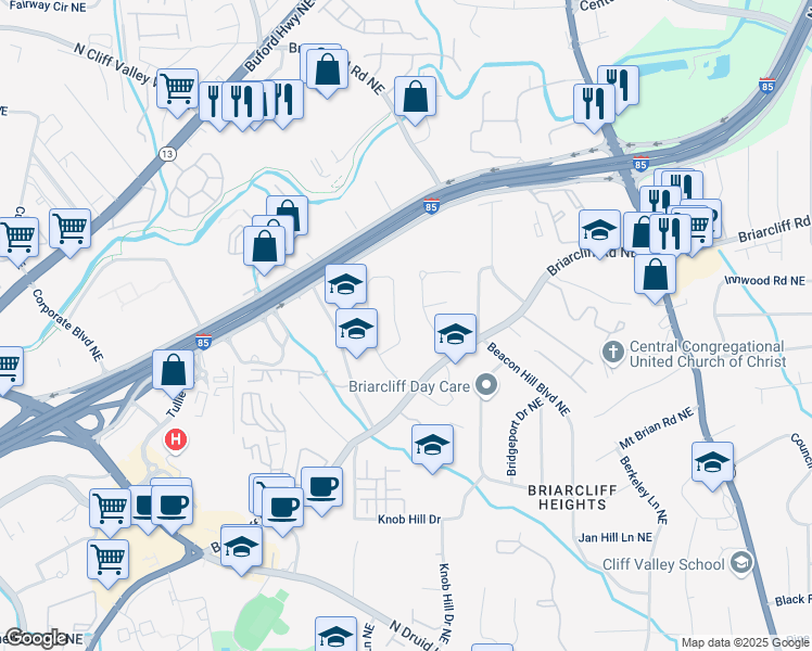 map of restaurants, bars, coffee shops, grocery stores, and more near 1954 Timothy Drive Northeast in Atlanta