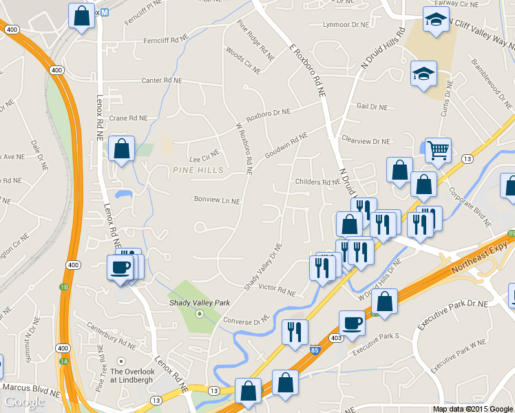 map of restaurants, bars, coffee shops, grocery stores, and more near 1077 Shady Valley Place in Atlanta