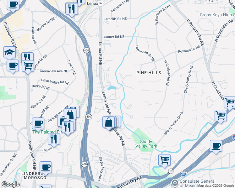 map of restaurants, bars, coffee shops, grocery stores, and more near 28207 Plantation Drive Northeast in Atlanta